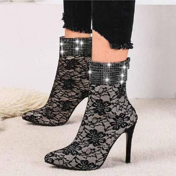 

boots autumn winter women luxury crystal lace embroidery ankle ladies fashion pointed toe high heels female shoes big size, Black
