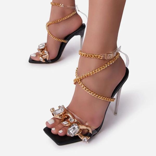 

dress shoes termainoov women sandals high heels square toe metal chain rhinestones buckle heeled party big size sandalias, Black