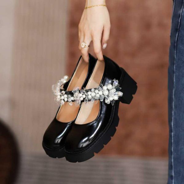 

dress shoes the age season 2021 fashion low help thick with soft leather in round head high heels, Black