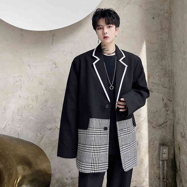 

men's suits & blazers vintage plaid splice black blazer men loose casual korean streetwear youth fashion jacket man coat 36fe, White;black