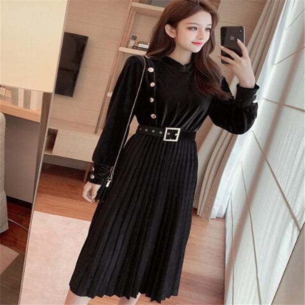 

autumn winter vintage women's dresses slim o neck long sleeve velvet pleated dress with belt elegant robe vestido de mujer, Black;gray