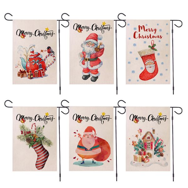 Merry Christmas Banner Flags Linen Christmas Santa Socks Bandiera da giardino con stampa fronte-retro