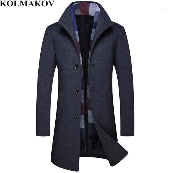 

brand mans wool jackets with plaid scarf men's woolen coats mens winter long overcoats for business m-3xl1, Black