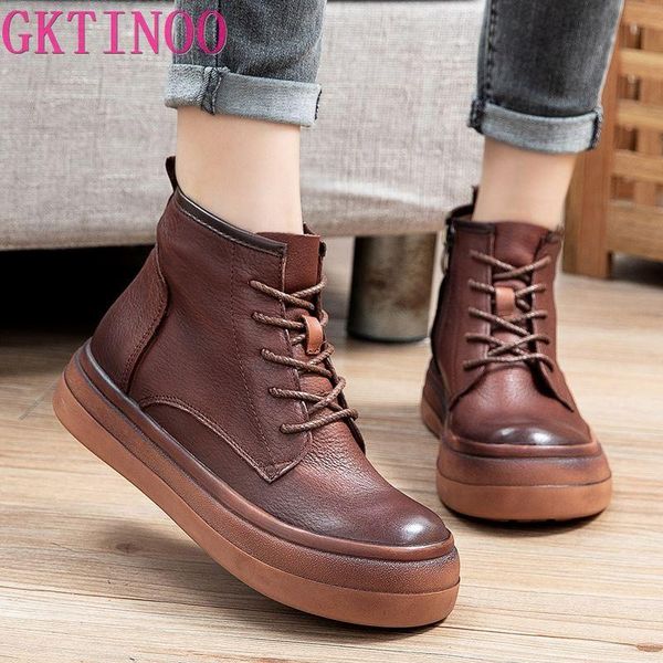 

boots gktinoo women flat platform shoes autumn winter genuine leather ankle for footwear soft vintage ladies booties, Black