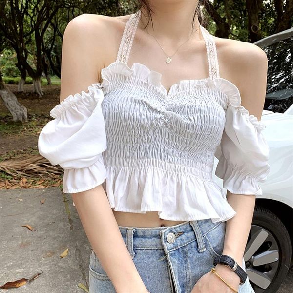 

women's tanks & camis white y2k strap blouse women korean folds elegant sweet mini shirt summer french casual backless party