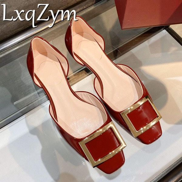 

sandals 2021 summer metal buckle shoes women's flat stiletto square toe genuine leather shallow office ladies basic, Black