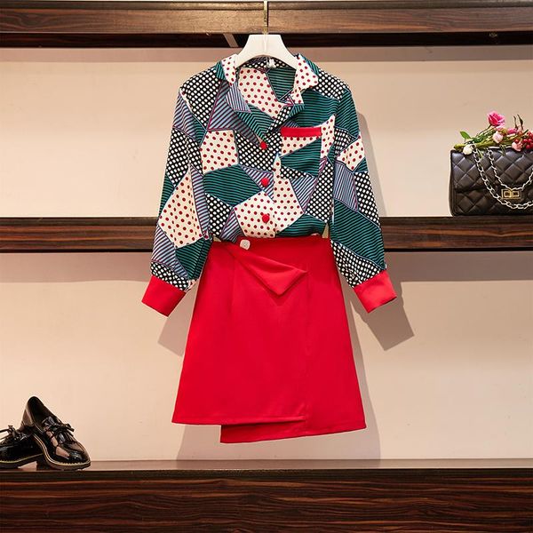 

two piece dress women printed shirts + red irregular skirt set 2021 autumn long sleeve blouse mini casual plus size 2 pieces clothing, White
