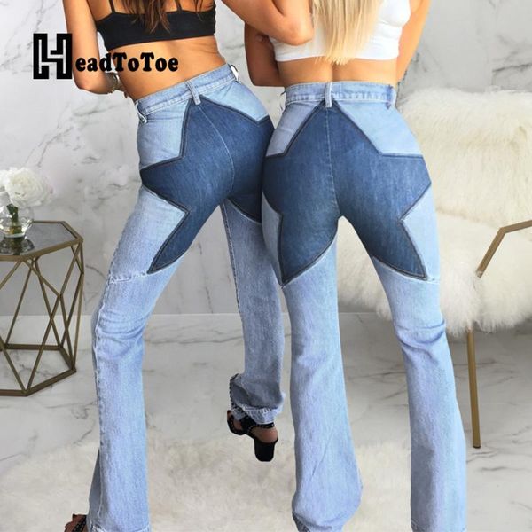 

women's jeans women star design casual flare high waisted distressed, Blue