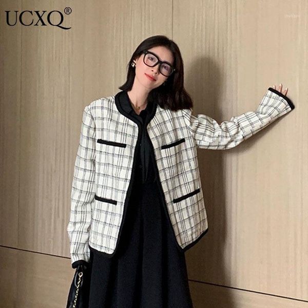 

women's wool & blends ucxq woman short tweed jacket plaid long sleeve o collar open stitch pockets loose casual style 2021 autumn fashi, Black