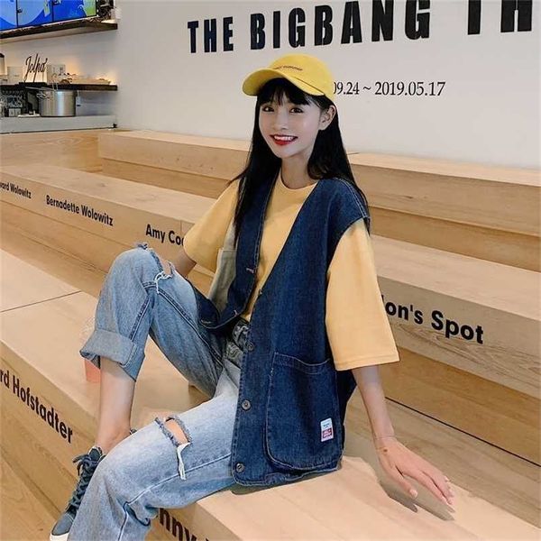 

loose v-neck all-denim vest schoolgirl jeans jacket sleeveless 211022, Black;white