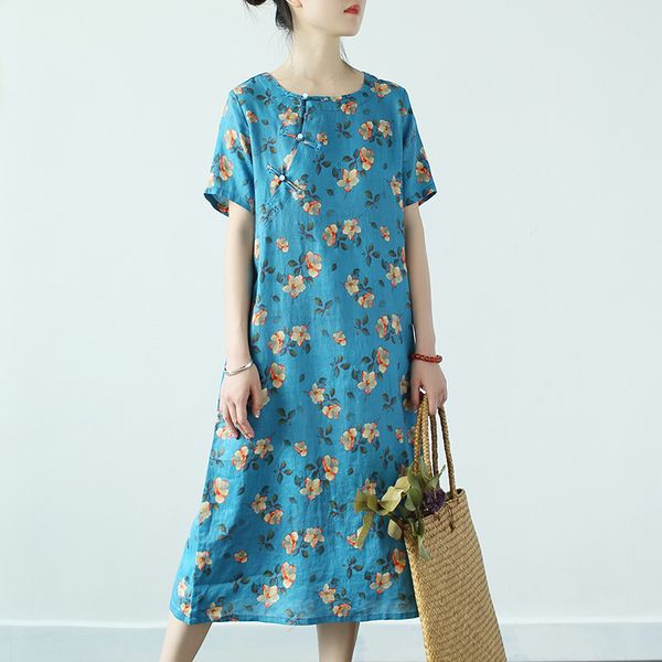 

johnature women summer dresses o-neck short sleeve print floral button clothes vintage linen female dress 210521, Black;gray