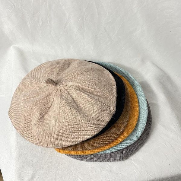 

berets beret women's thin breathable knitted hat retro octagonal pumpkin british female korean version trend, Blue;gray