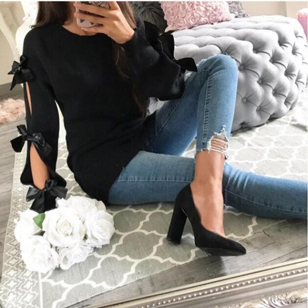 

women's sweaters pullover loose knitwear women`s bow hollow out long sleeve sweater, White;black