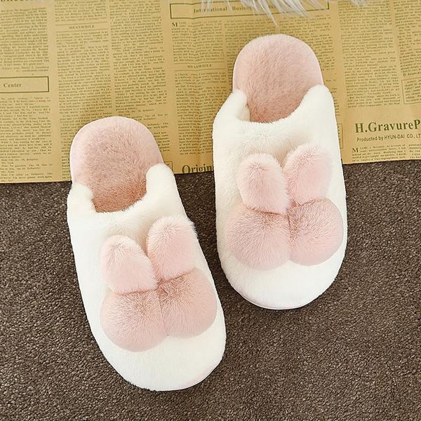 

slippers house fashion autumn winter flock plush ear home indoor non-slip warm shoes womens cute cotton, Black