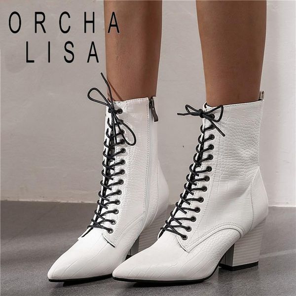 

boots orcha lisa women pointed toe lace up autumn winter vintage high heels ladies office shoes western ankle, Black
