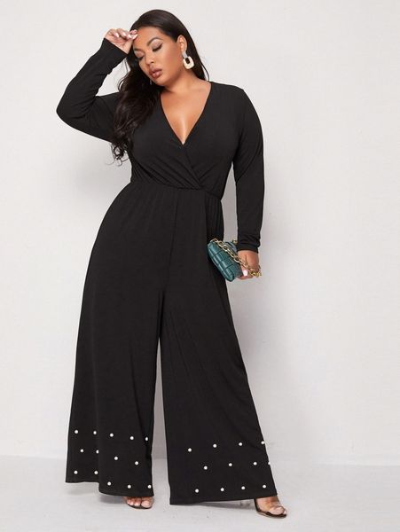 

plus pearls beaded wide leg jumpsuit v2w2#, Black