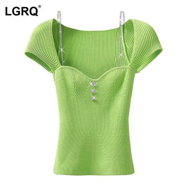 

[lgrq] women green knitting chain diamond skinny t-shirt square neck short sleeve fashion tide spring autumn 2021 19d725 women's, White