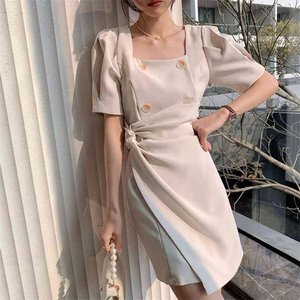 Frühling elegante frauen puff sleeve office ol unregelmäßiges kleid koreanische zweireihige quadratische kragen chic party vestidos 210519