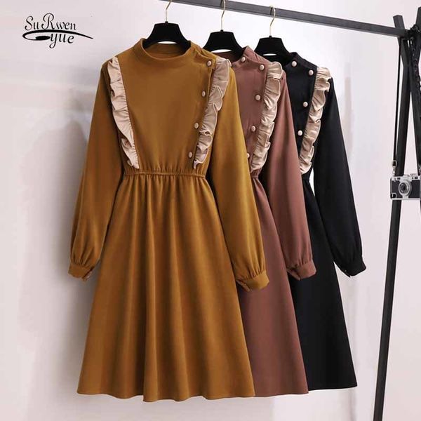 

elastic waist ruffled female dress fashion elegant a-line solid autumn gentle women long slimming draped 1 210508, Black;gray