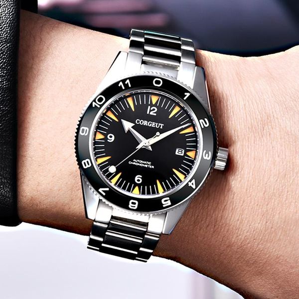 

wristwatches corgeut 41mm sapphire miyota seagull nh35 automatic mechanical sport fashion lume watch 316 strap male clock relogio masculino, Slivery;brown