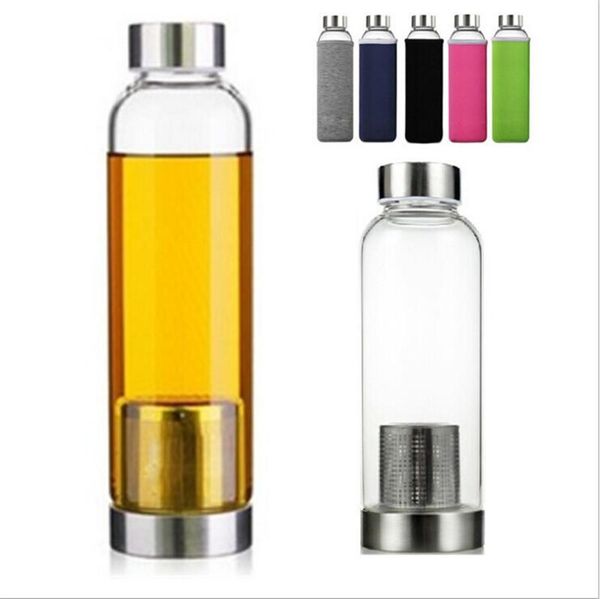 

550ml glass sport water bottle high quanlity tenperature resistant glasses bottles with stainless steel tea infuser nylon sleeve