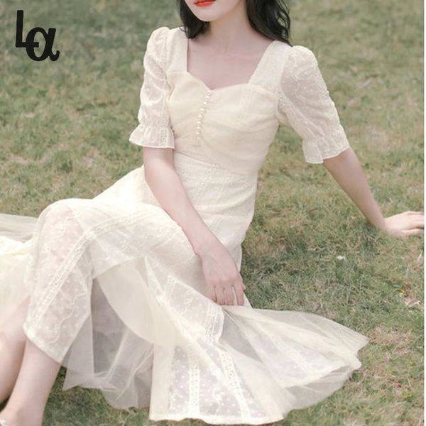 

summer french vintage dresses women solid designer slim elegant fairy casual patchwprk holiday party 210519, Black;gray