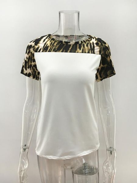 

women's t-shirt fashion summer leopard stitching short-sleeved wild slim top, White