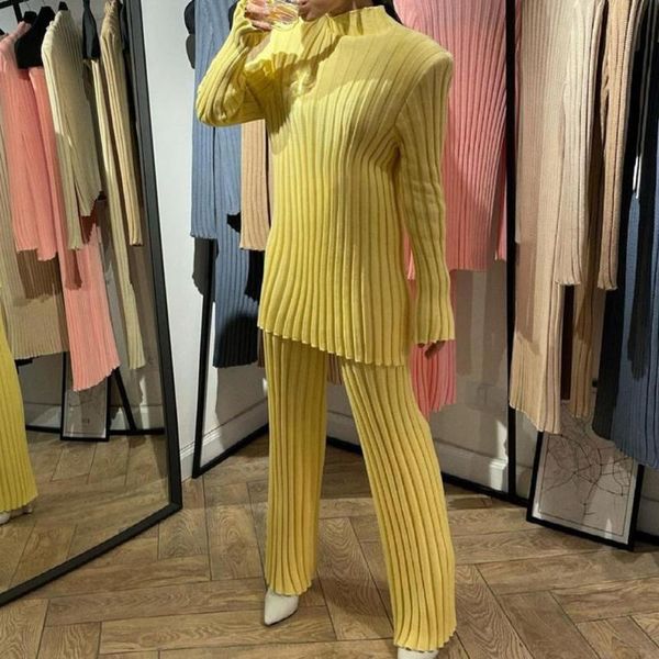 

gym clothing casual outfit knitted shoulder pad ribbed sweater trousers set pants vintage solid, White;black