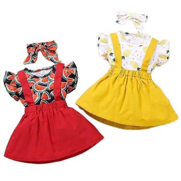 

3pcs girls clothing sets summer fruit printed t-shirt+suspender dress headband for kids baby clothes outfits, White