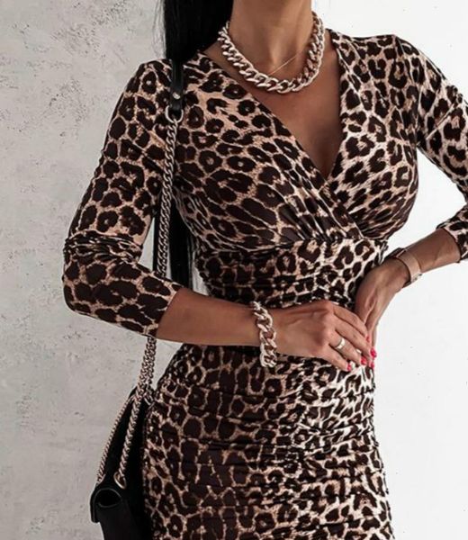 

womens dresses bodycon dress autumn long sleeve v neck high waist leopard mini elegant fashion lady pencil, Black;gray