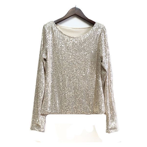 Modedesign Damen T-Shirts O-Ausschnitt Langarm Paillette Pailletten Shinny Bling Tops Plus Größe ML