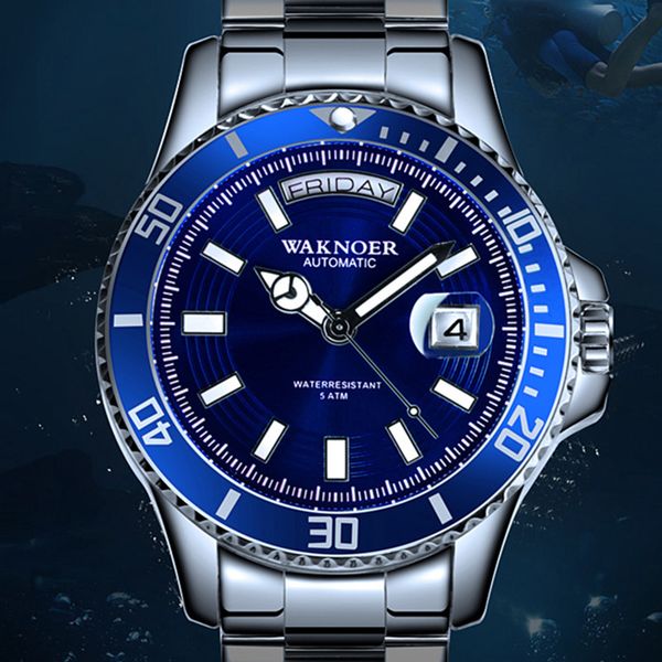 

montre homme waknoer automatic clocks men luxury waterproof calendar car date clock relogio, Slivery;brown