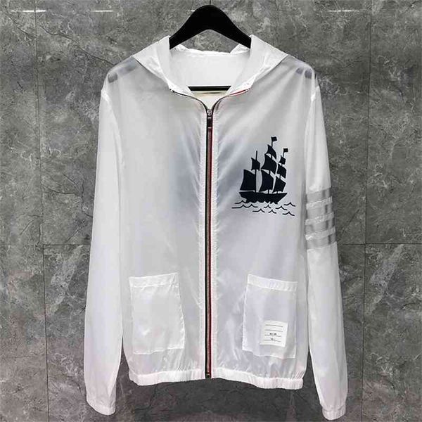 

downs tb thom fashion brand jacket men uv sun protection summer thin sports coat casual hooded loose boat pattern sunscreen clothing, Black