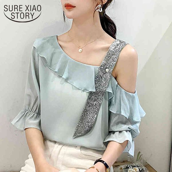 

korean style blusas mujer sky blue butterfly sleeve blouse women elegant womens clothing chiffon sequins slash collar 8853 50 210508, White