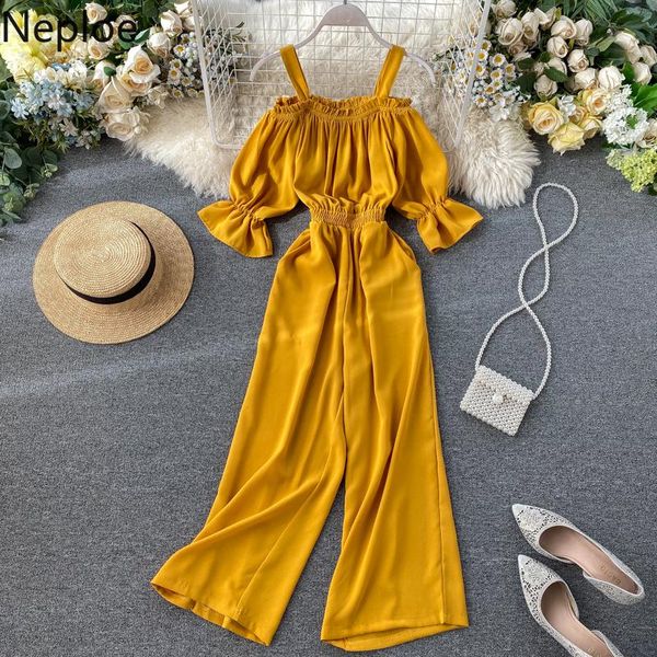 

women's jumpsuits & rompers neploe 2021 summer holiday camis wide leg high waist hip solid pocket bodysuit off shoulder bohemian playsu, Black;white