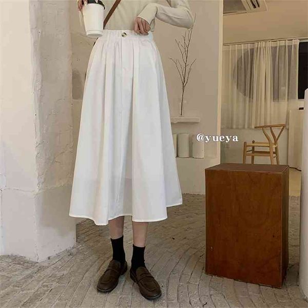 

spring korean elastic high waist slimming simple pure color loose all-match women a-line long skirt 210527, Black