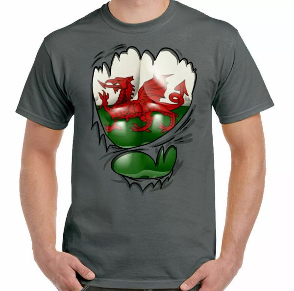 

wales flag shirt mens rugby sign cymru st david day torn ripped, White;black