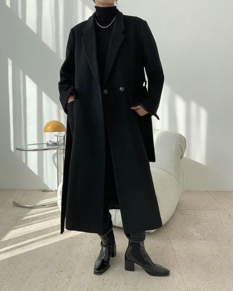 

women's wool & blends woman classic handmade 100% long cashmere coat, Black