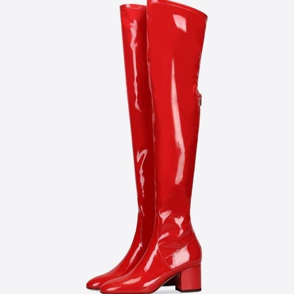 

boots women winter red patent leather suede ladies shoes zipper toe square heels high over the knee solid girls, Black