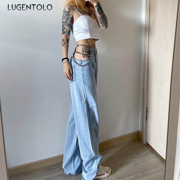 

women's jeans lugentolo women summer loose high waist slim lady chain wide leg straight casual pants fashion street woe9, Blue