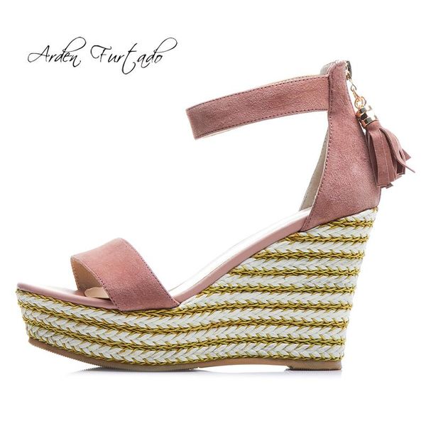 

arden furtado summer 2021 fashion women's shoes comfortable pink fringes sandals classics concise buckle strap wedges, Black