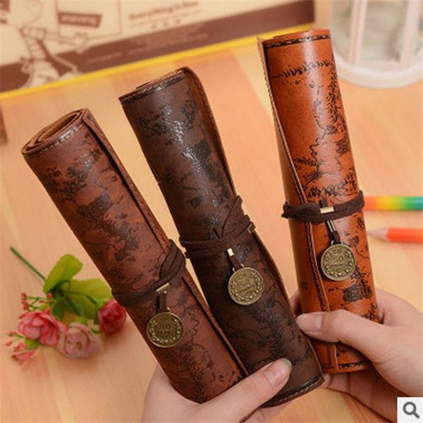 

pencil bags vintage pirate treasure map cases pu leather roll pen bag pouch for stationary school supplies make up cosmetic gift