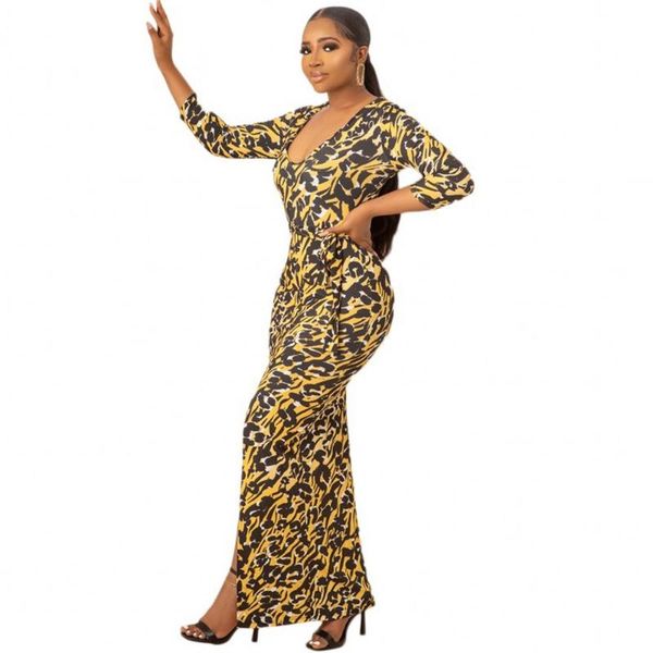 

casual dresses tight-fitting yellow printed women long dress 3/4 sleeve bandage bodycon club party vestidos robes femme fall, Black;gray