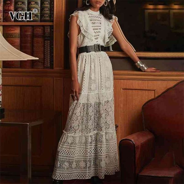 

white elegant patchwork lace dress for women stand collar short sleeve high waist midi dresses female fashion style 210531, Black;gray