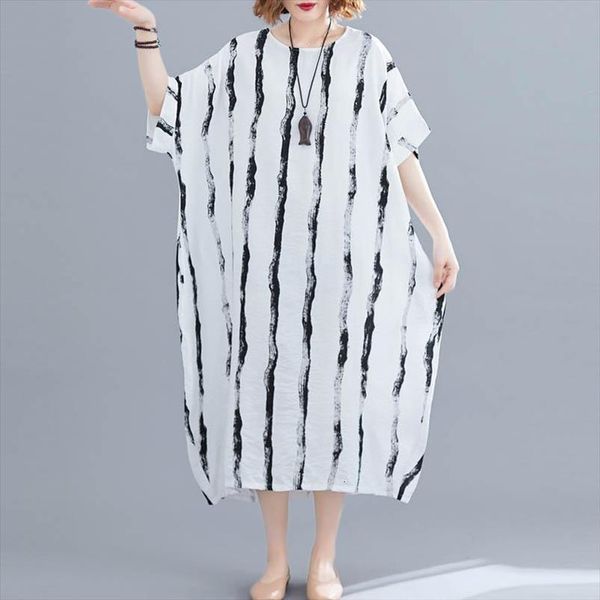 

plus size striped summer korean women tank beach dress cotton vintage dresses oversized long 4xl 5xl 6xl 7xl, White