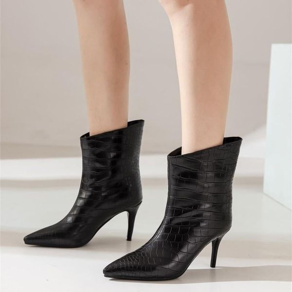 

boots pointed toe thin high heels booties crocodile pattern ankle women stiletto heel shoes woman winter boot size 43, Black