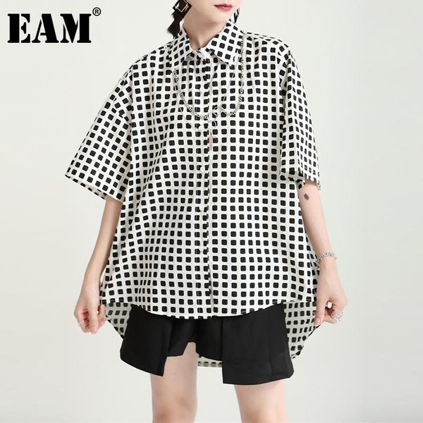 

women's blouses & shirts [eam] women plaid irregular big size blouse lapel three-quarter sleeve loose fit shirt fashion spring summer 2, White