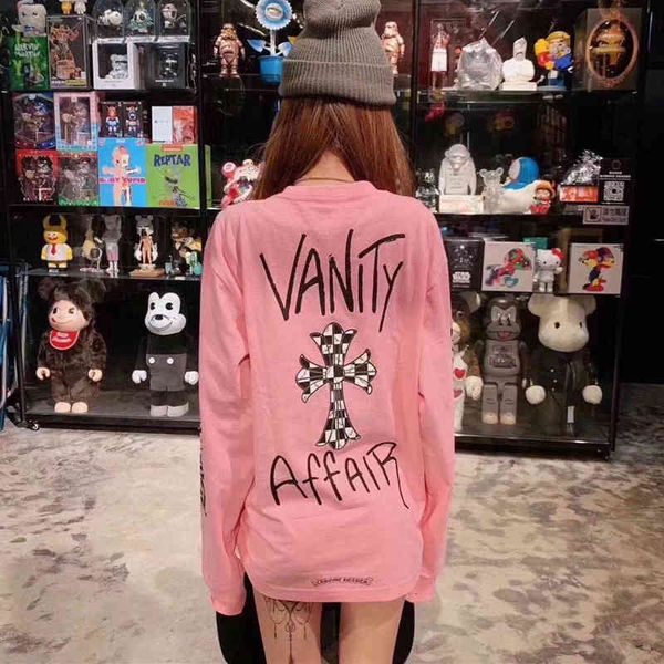 

ch hearts and chrome 21s women's new men's fashion brand lovers long sleeve t-shirt crosin pink cross print lo, Black