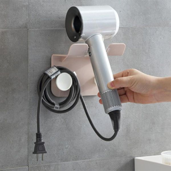 

hair dryer shelf bathroom seamless paste big round double hook storage rack wire sack shelves cycling caps & masks, Black