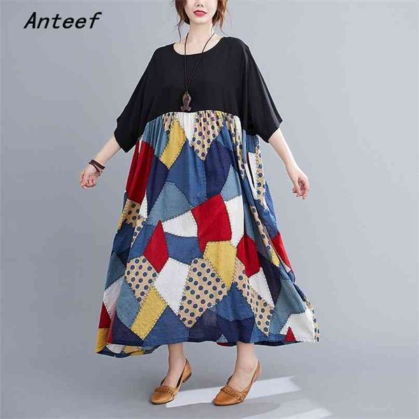 

cotton linen oversize plus size vintage patchwork for women casual loose long summer dress elegant clothes ladies dresses 210517, Black;gray